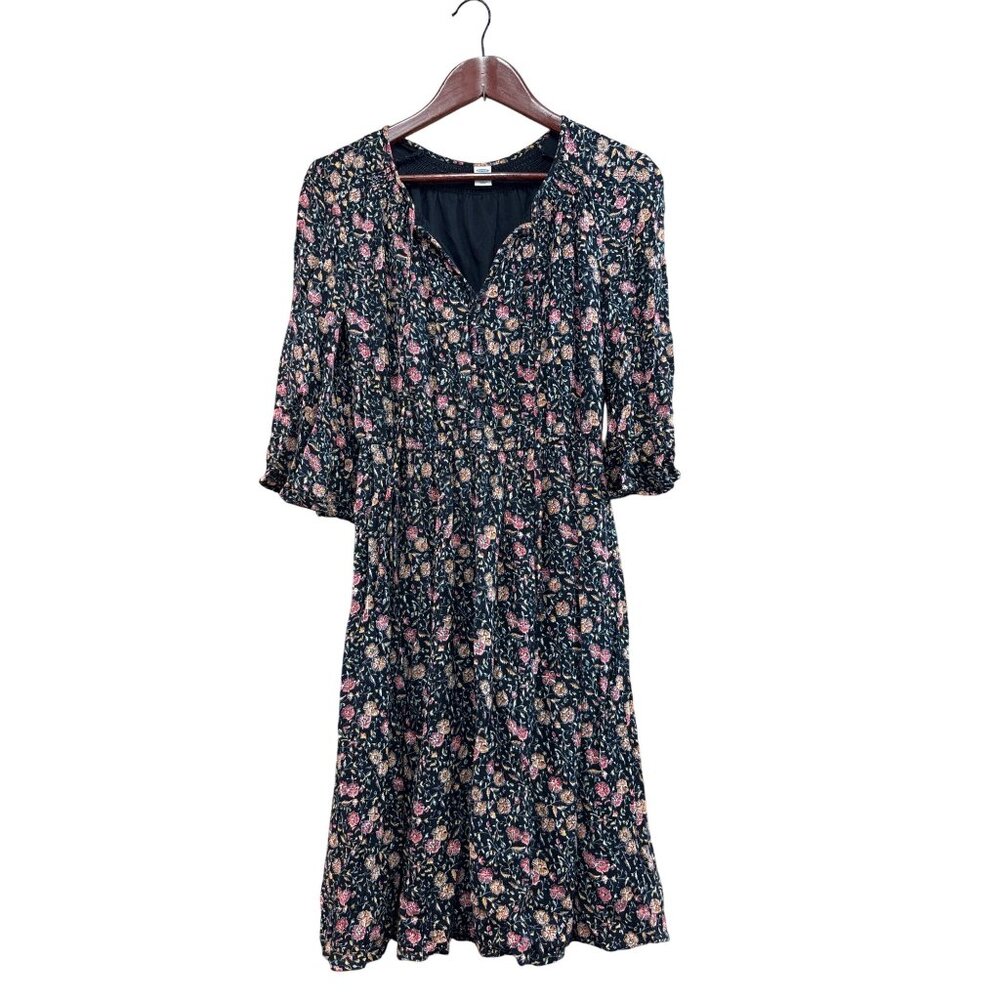 Old Navy XS Floral Print Black Multicolor Smocked Waist Mid-Length Dress With Li